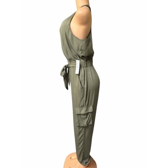 Venus Olive Green Sleeveless Jumpsuit With  Rhinestone Embellishment Neckline L - Picture 9 of 12